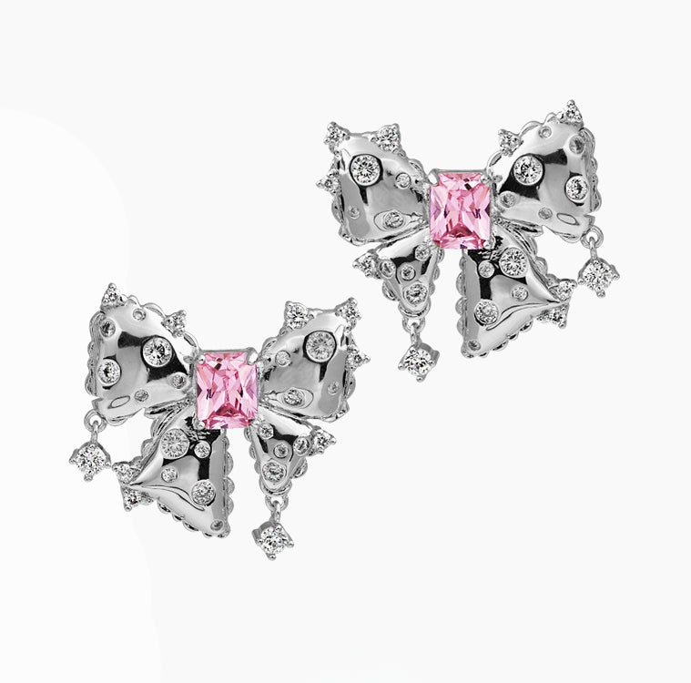 Sweet and Elegant Pink Zircon Butterfly Knot Earrings