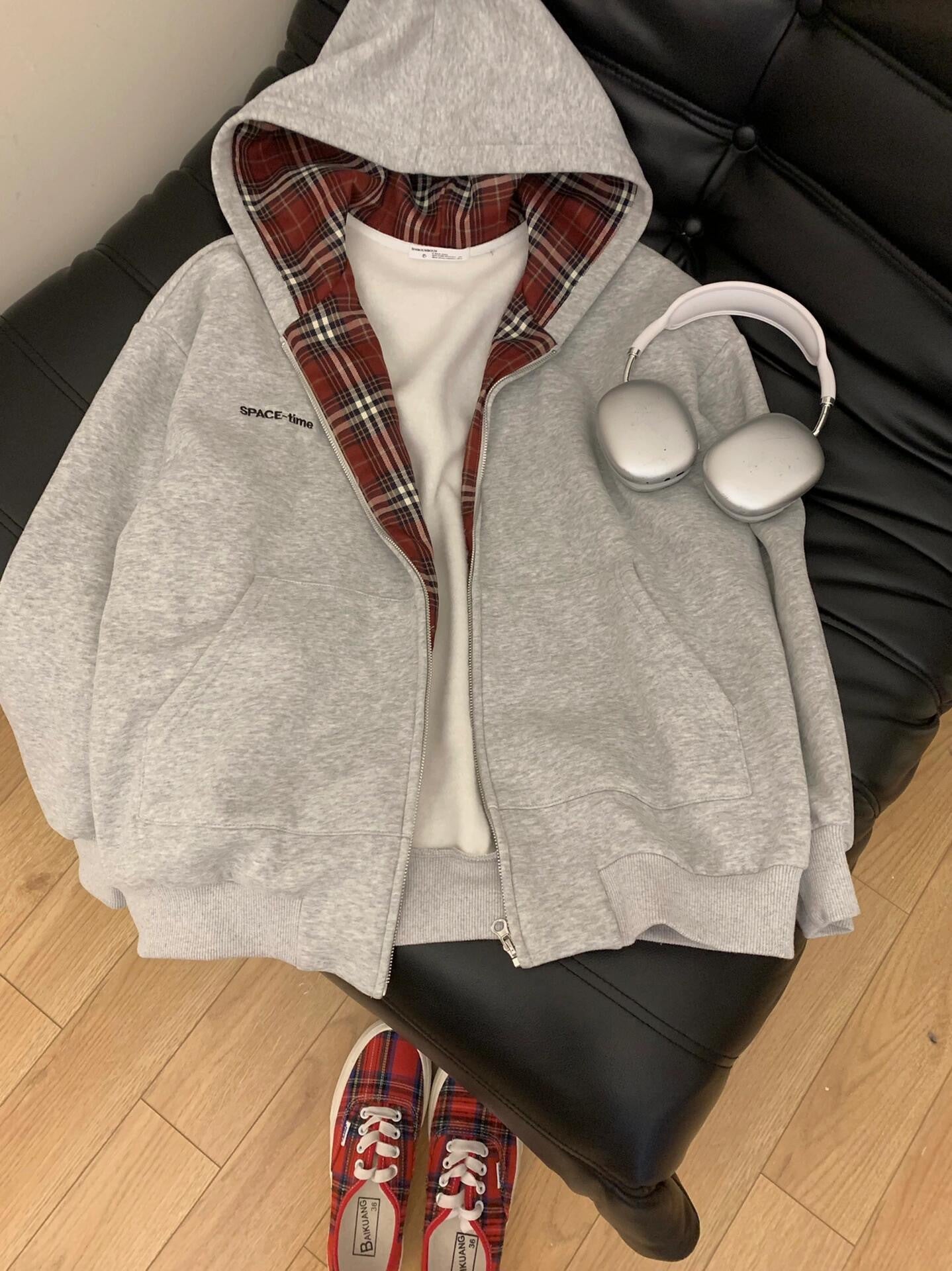American BM Style Grey Plaid Fleece Hoodie (450g)