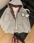 American BM Style Grey Plaid Fleece Hoodie (450g)