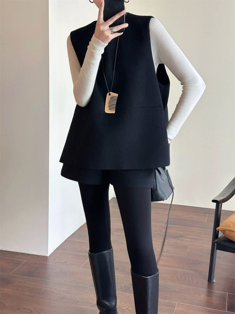 Tailored Wool Vest and A-Line Wide-Leg Shorts Set
