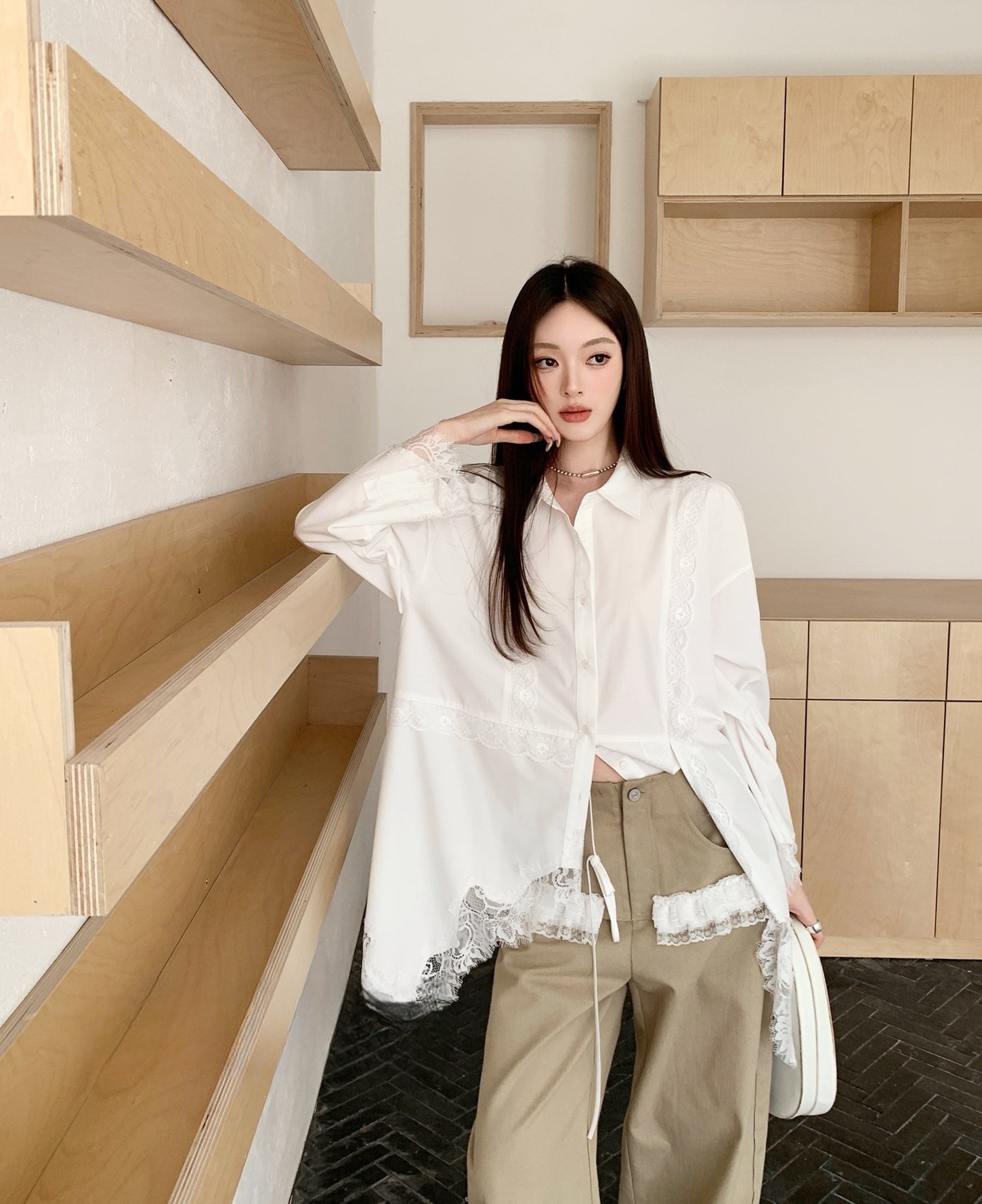 Designer Lace Panel Asymmetrical Shirt