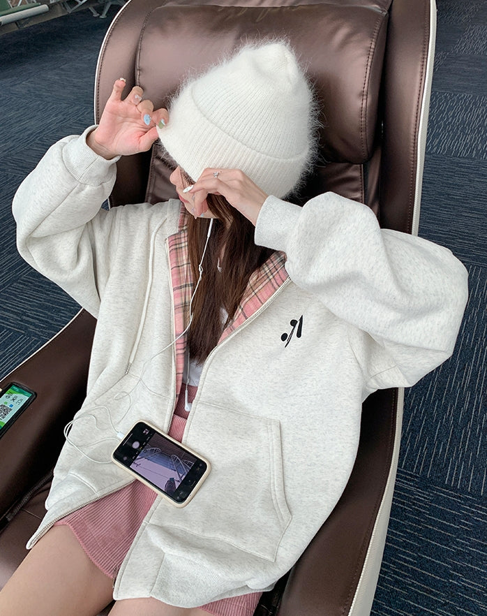 Korean-Style Colorblock Fleece-Lined Hoodie Jacket