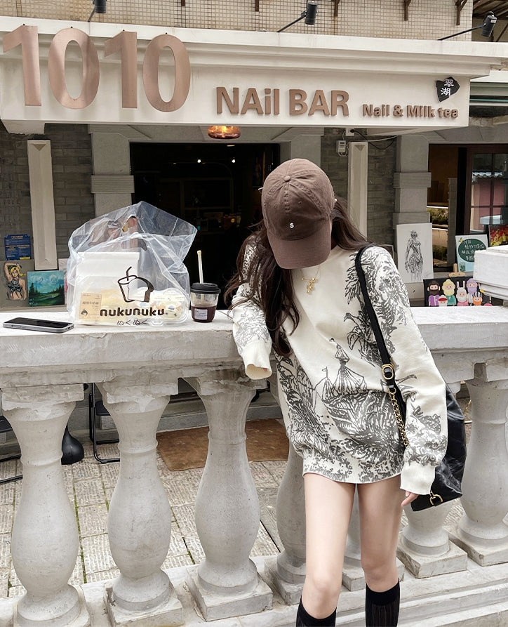 Lazy Style Printed Round Neck Knit Sweater