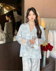 Lucury Pearl Trumpet Sleeve Lace Patchwork Ice Silk Home Dress Set