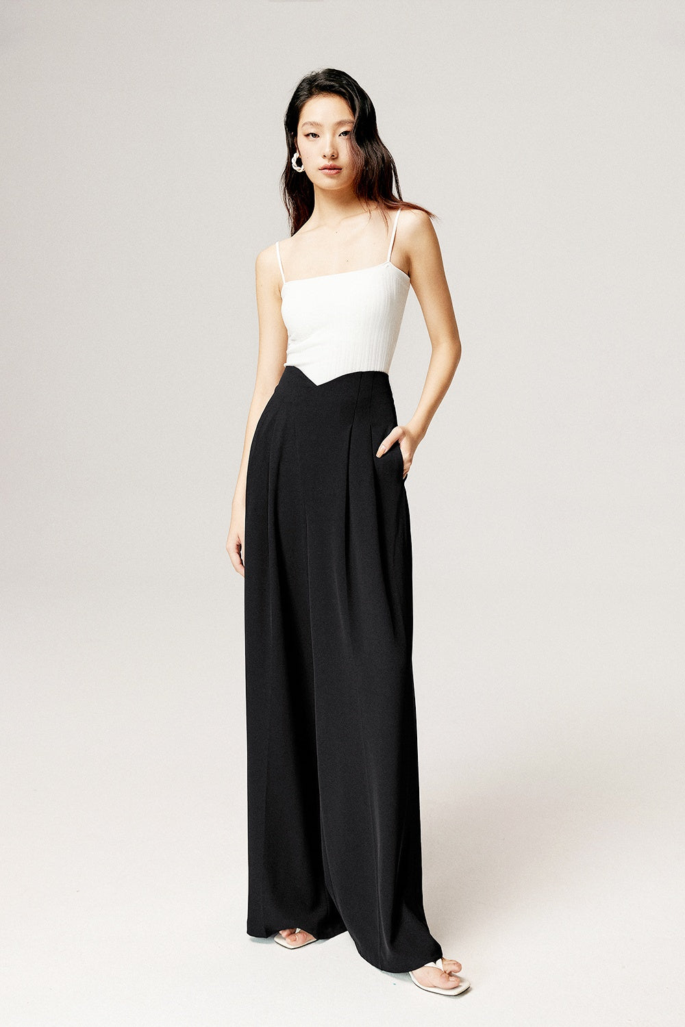 High-Waisted V-Cut Wide-Leg Trousers