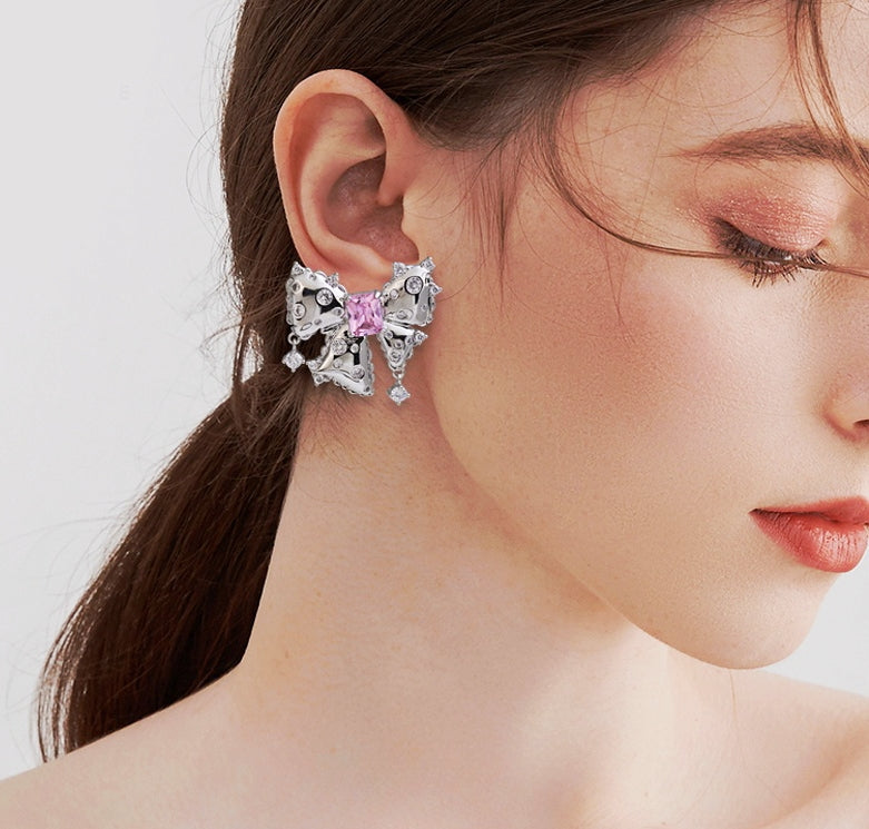 Sweet and Elegant Pink Zircon Butterfly Knot Earrings