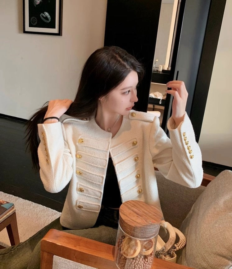 Knight Military Style Double-Breasted Gold Button Tweed Jacket