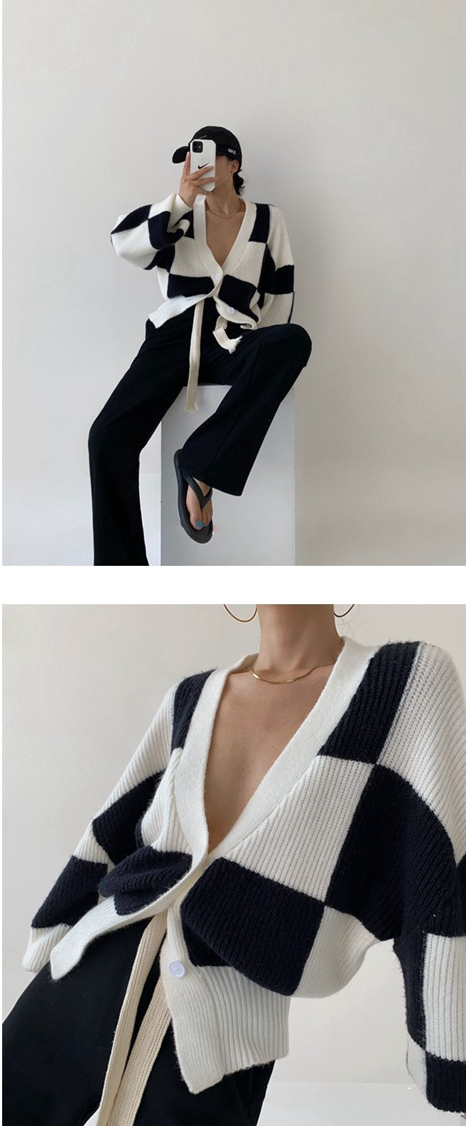 Checkerboard Lazy Wind Loose Cardigan Sweater