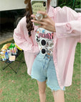 Retro Pink Woven Patch Wide-Legged Denim Shorts