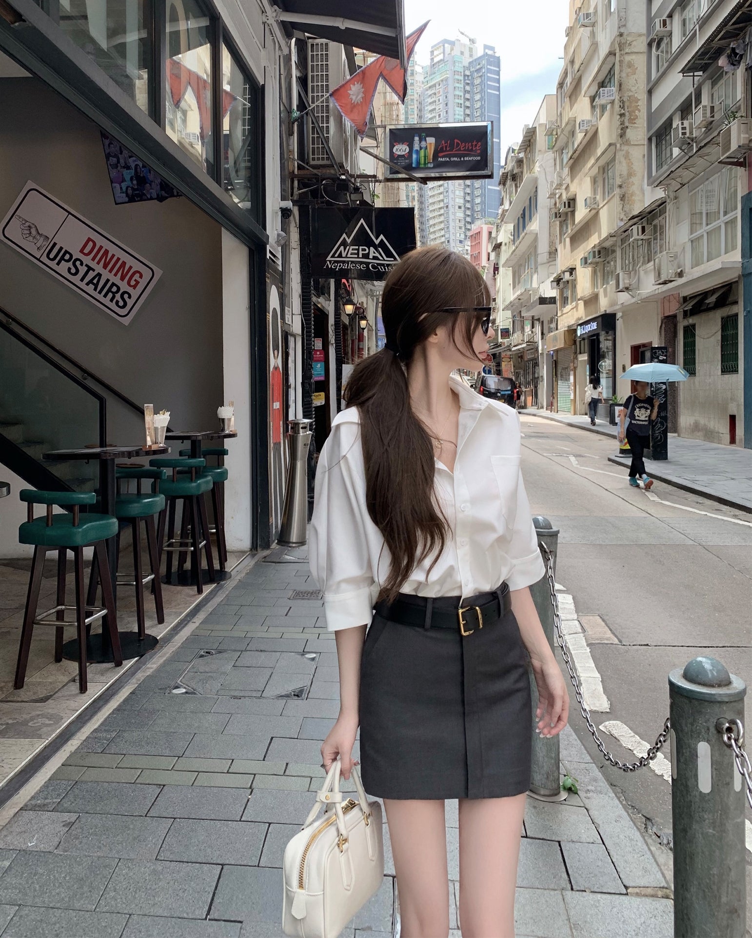 Elegant Layered-Style White Shirt and Gray Dress