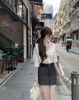 Elegant Layered-Style White Shirt and Gray Dress