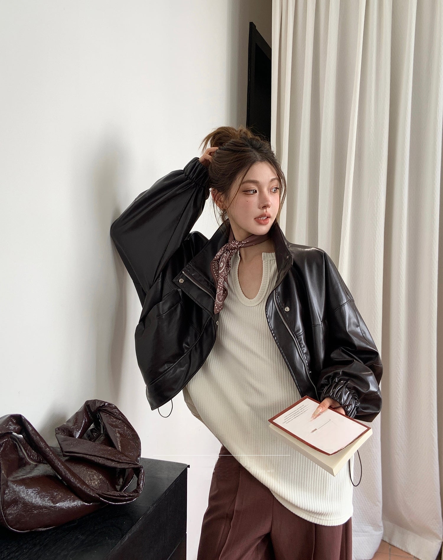 Loose Fit Ribbed U-Neck Drop Shoulder Long Sleeve Top