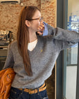 Grey Plaid Panel Knit Top – Faux Two-Piece Long Sleeve
