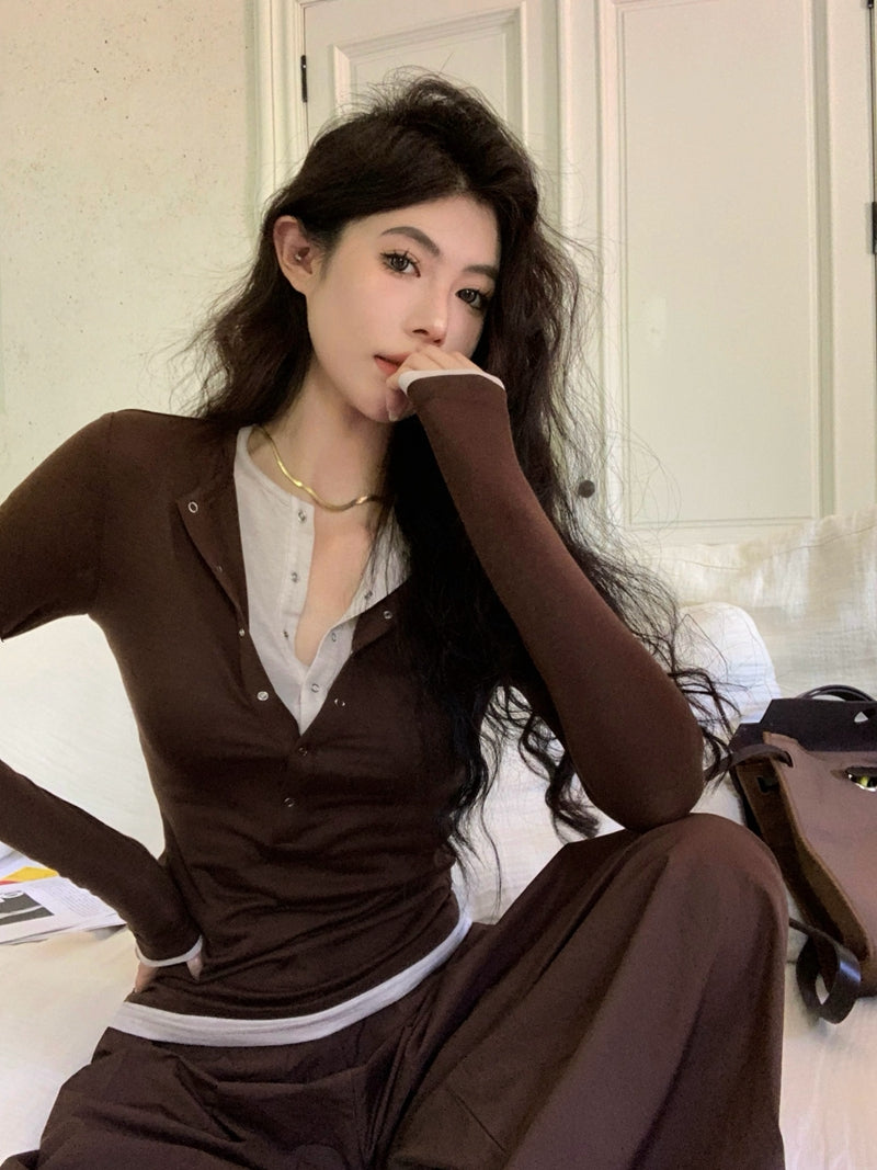 Two-in-One Contrast Long-Sleeve Versatile Layering Tee(BROWN)