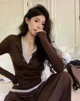 Two-in-One Contrast Long-Sleeve Versatile Layering Tee(BROWN)