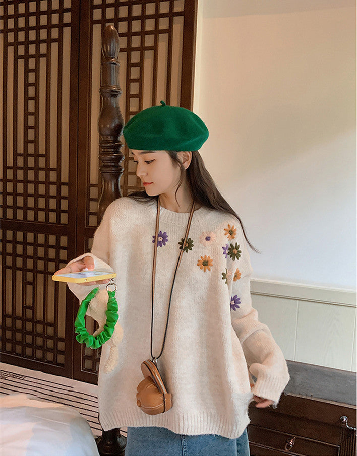 3D Embroidered Cashmere Loose Sweater