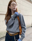 Grey Plaid Panel Knit Top – Faux Two-Piece Long Sleeve