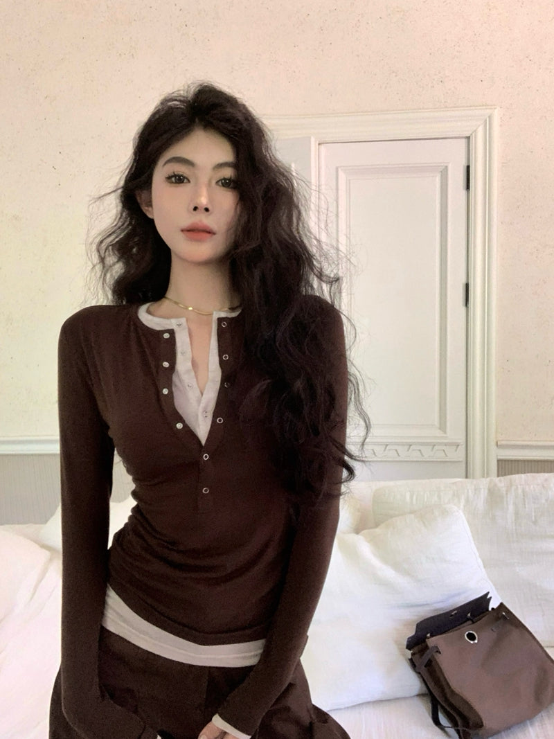Two-in-One Contrast Long-Sleeve Versatile Layering Tee(BROWN)