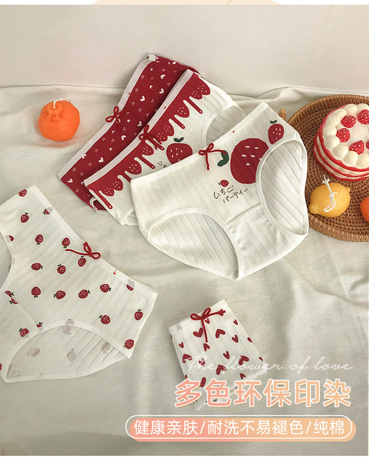 3 Pieces of Cotton Antibacterial Breathable Low Waist Strawberry Underwear