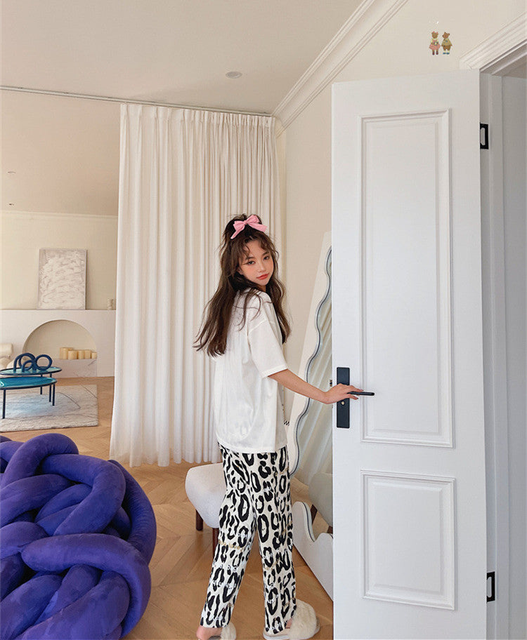 Leopard-Print Pajama Set With Sweet Bow