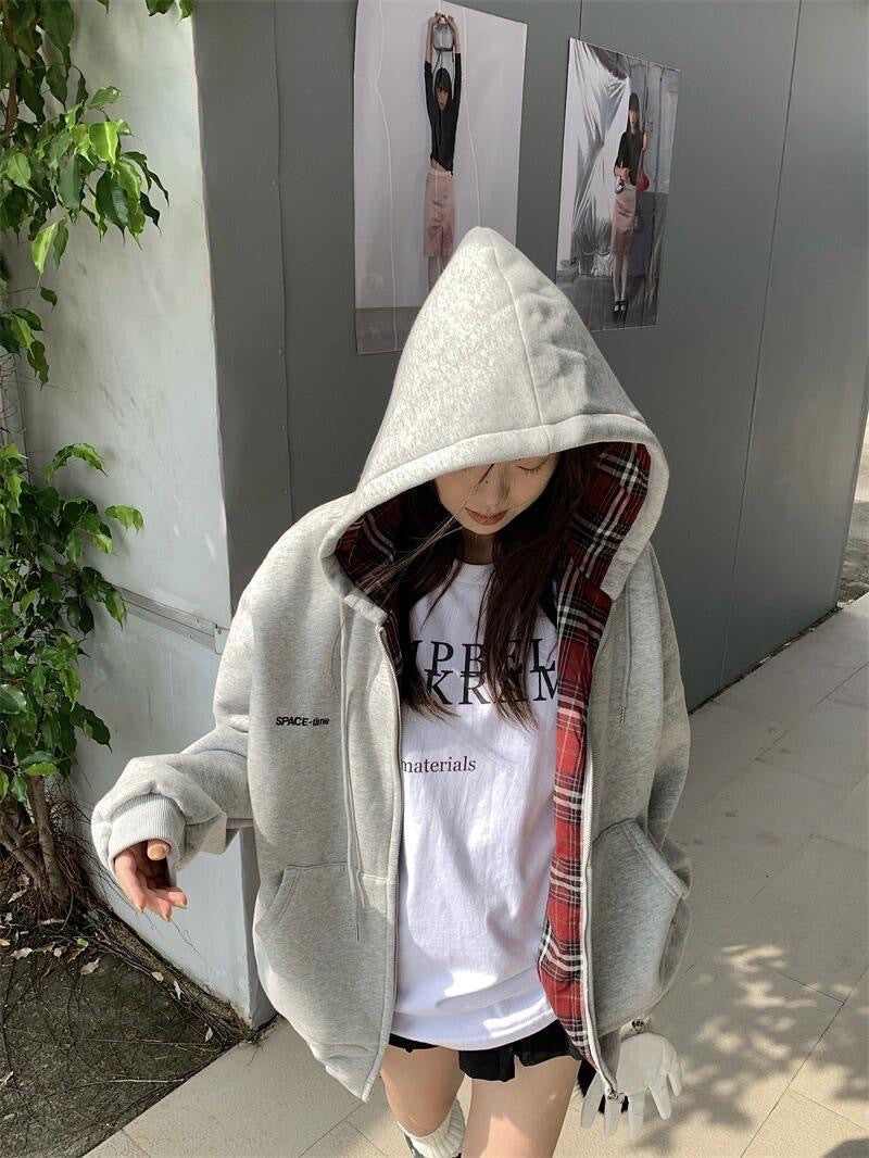 American BM Style Grey Plaid Fleece Hoodie (450g)