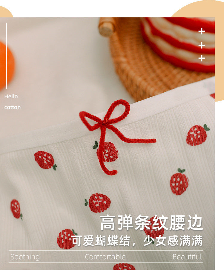 3 Pieces of Cotton Antibacterial Breathable Low Waist Strawberry Underwear