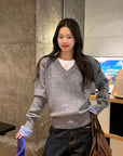 Grey Plaid Panel Knit Top – Faux Two-Piece Long Sleeve