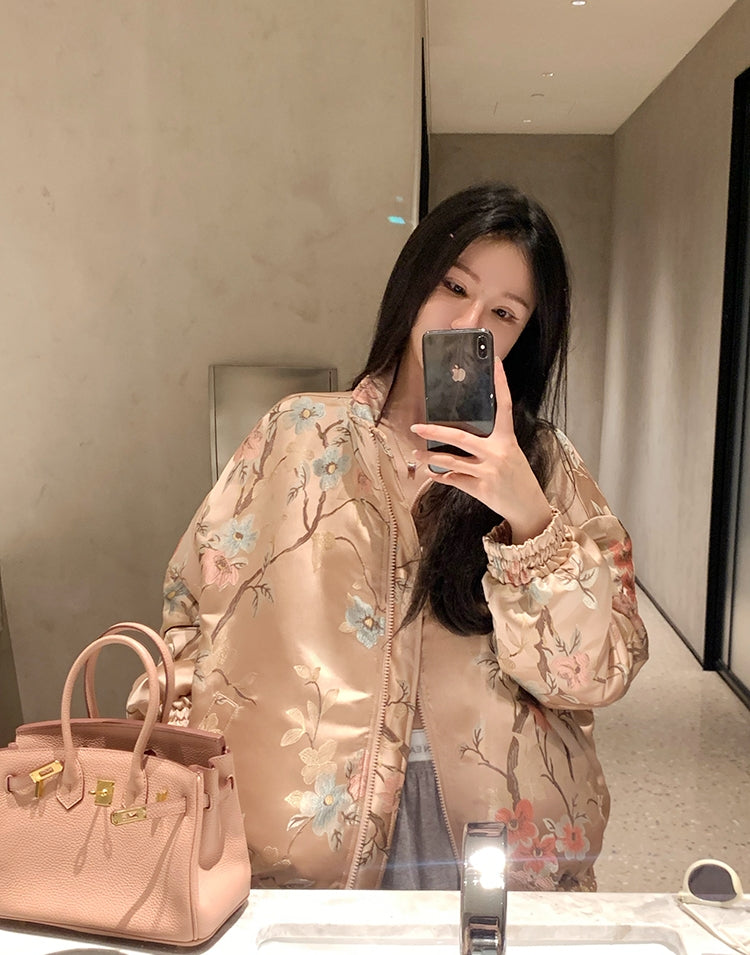 Chinese Style Satin Jacquard Loose Fit Stylish Baseball Puffer Jacket