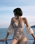 Korean Lace Removable Sleeve One-Piece Swimsuit
