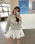 Korean-Style Relaxed Sweatshirt with Lace Bow Detail