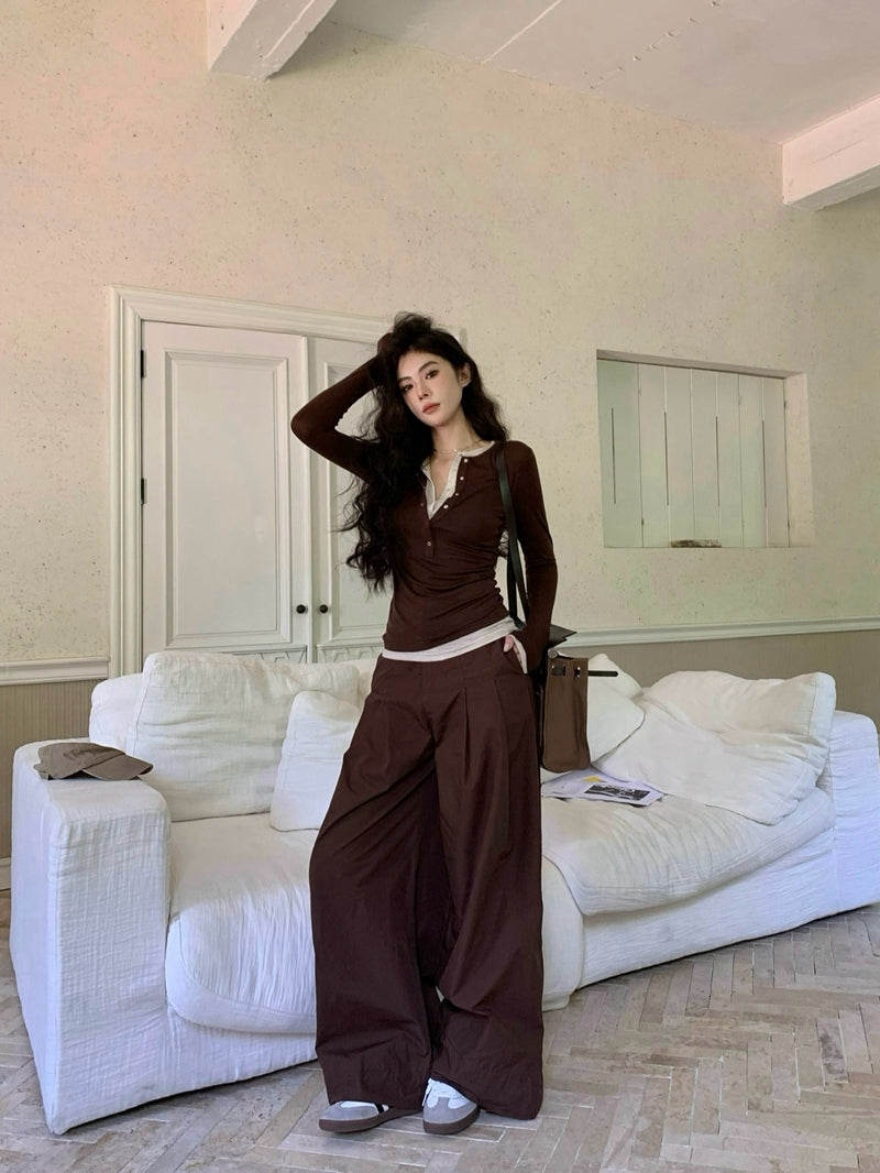 Two-in-One Contrast Long-Sleeve Versatile Layering Tee(BROWN)