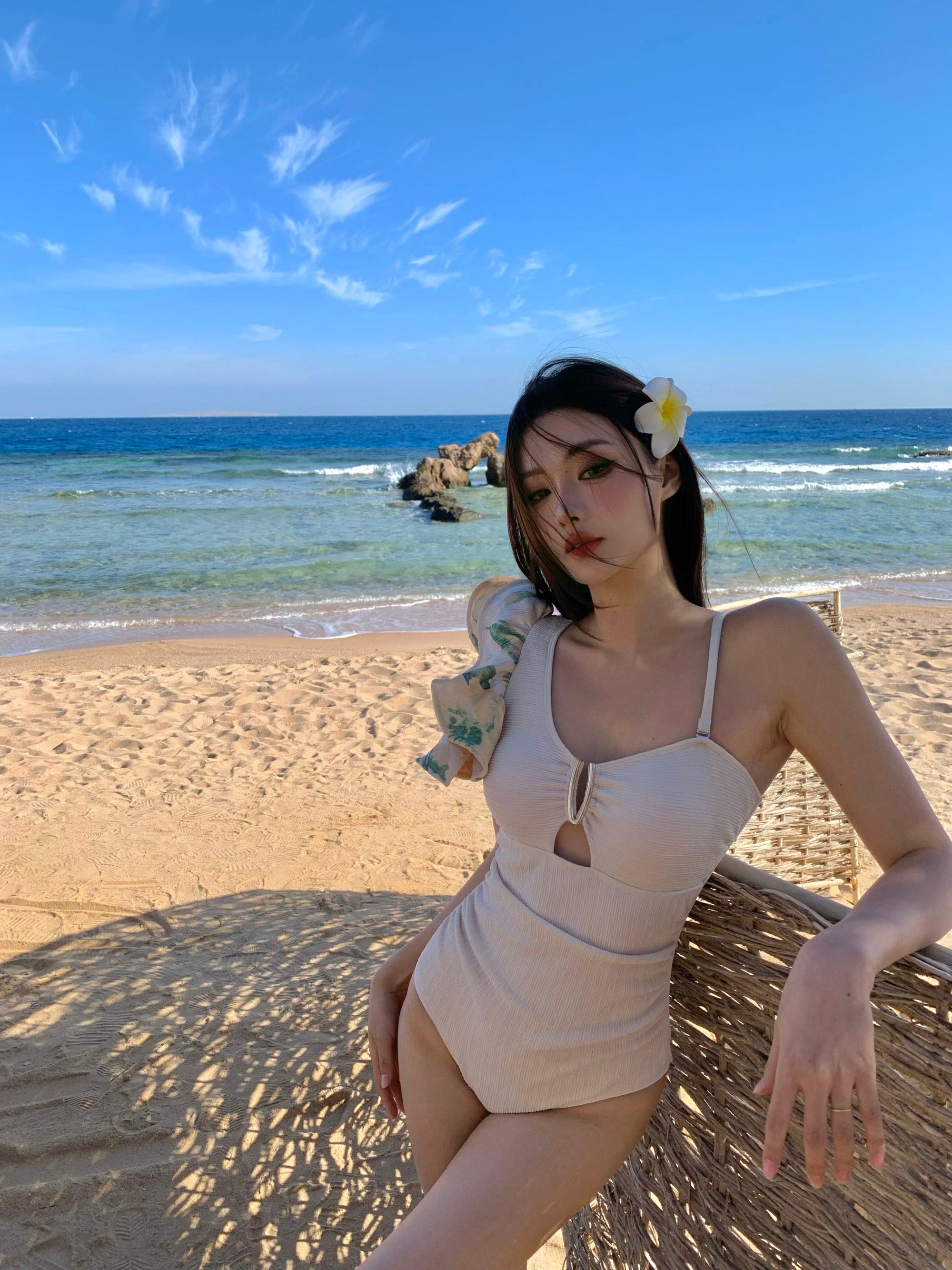 One-Shoulder Ruffled Swimsuit with Sheer Cover-Up