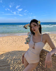 One-Shoulder Ruffled Swimsuit with Sheer Cover-Up