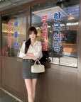 Elegant Layered-Style White Shirt and Gray Dress