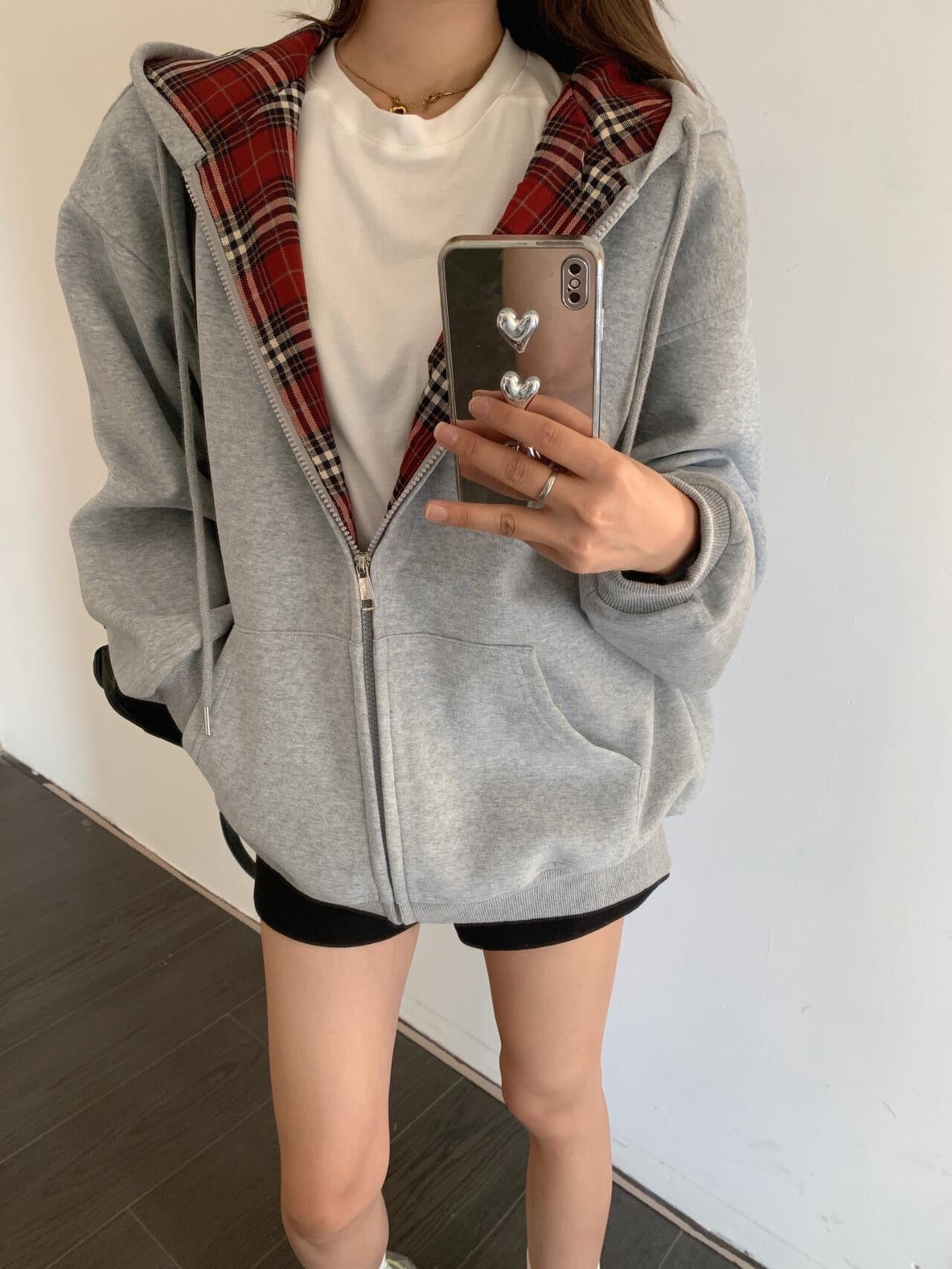American BM Style Grey Plaid Fleece Hoodie (450g)
