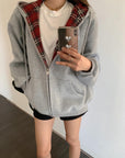 American BM Style Grey Plaid Fleece Hoodie (450g)