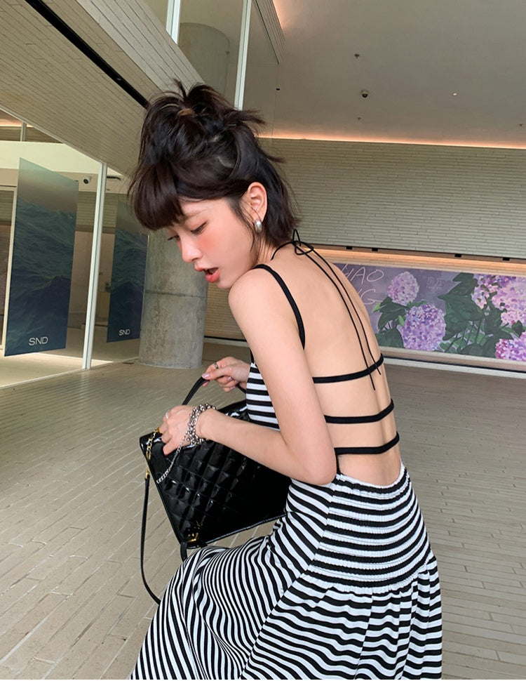 Black and White Striped Halter Dress With High Waist