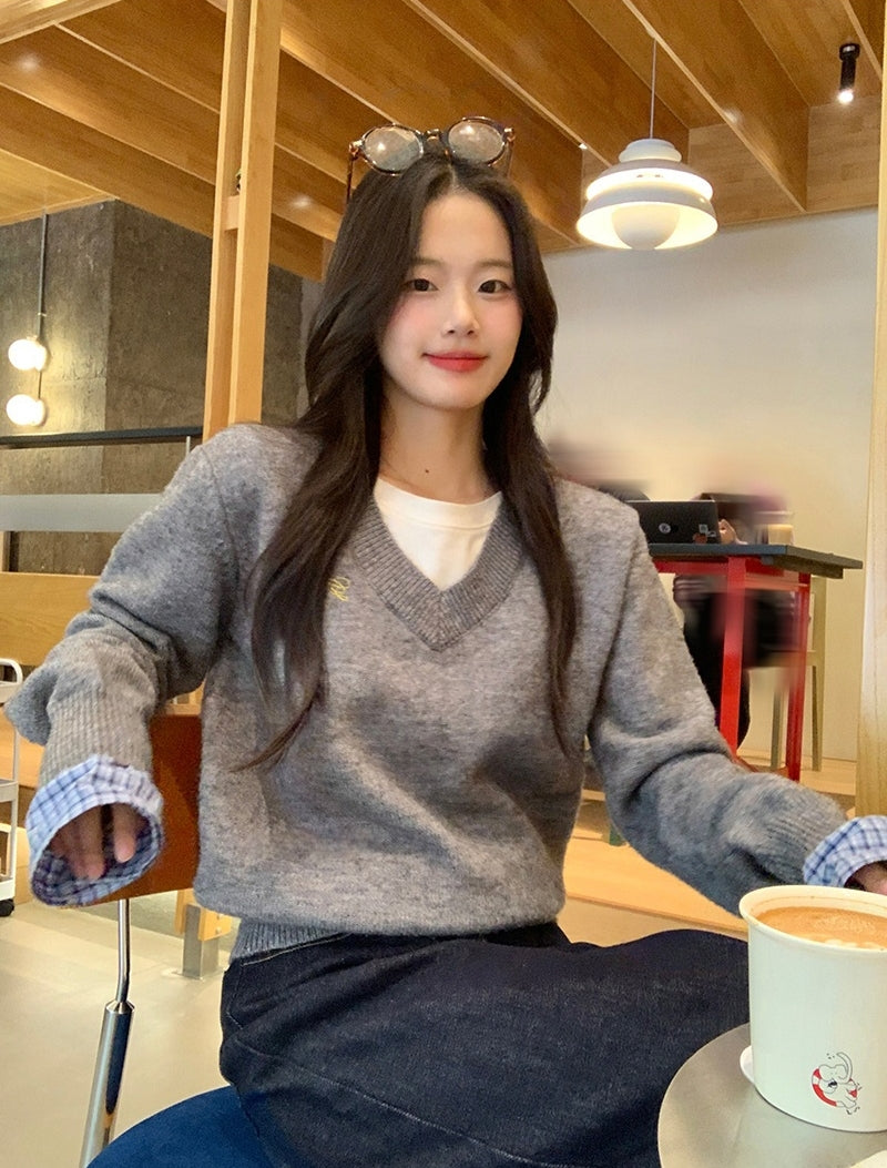 Grey Plaid Panel Knit Top – Faux Two-Piece Long Sleeve
