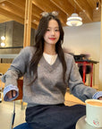 Grey Plaid Panel Knit Top – Faux Two-Piece Long Sleeve