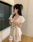 Summer Sweet Lace Crochet V-Neck Pure Satin Pajamas