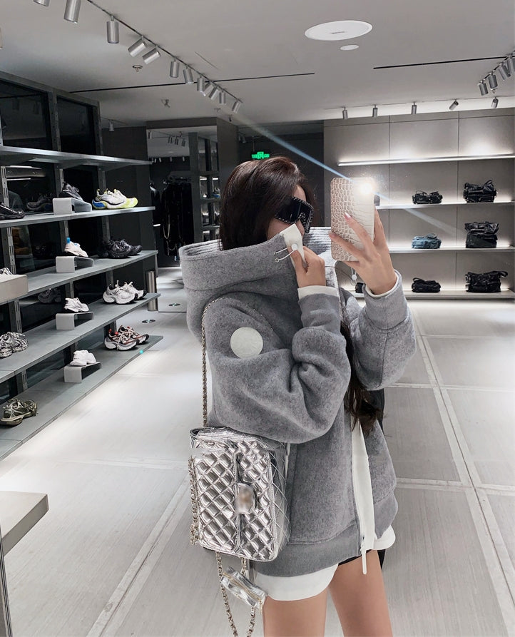 Heavy-Duty Grey Wool-Blend Hooded Bomber Jacket