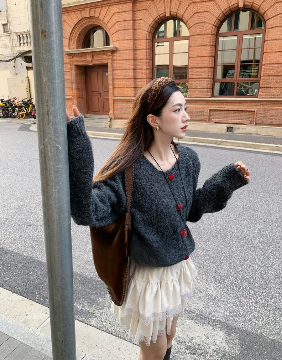 La Chapelle Heart-Button Knit Cardigan