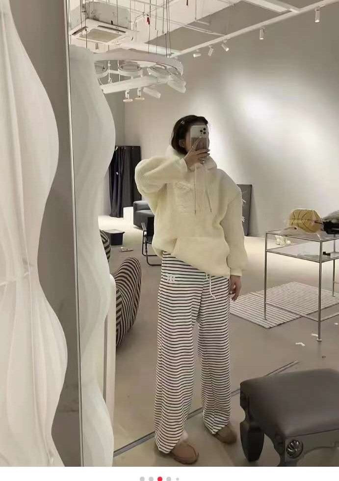 Striped Fleece-Lined Wide-Leg Pants