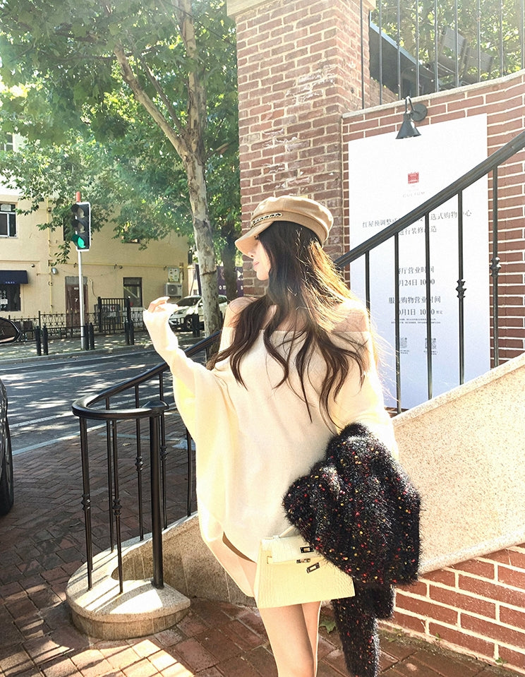 Stylish Asymmetrical Shoulder Knit Long-Sleeve Top