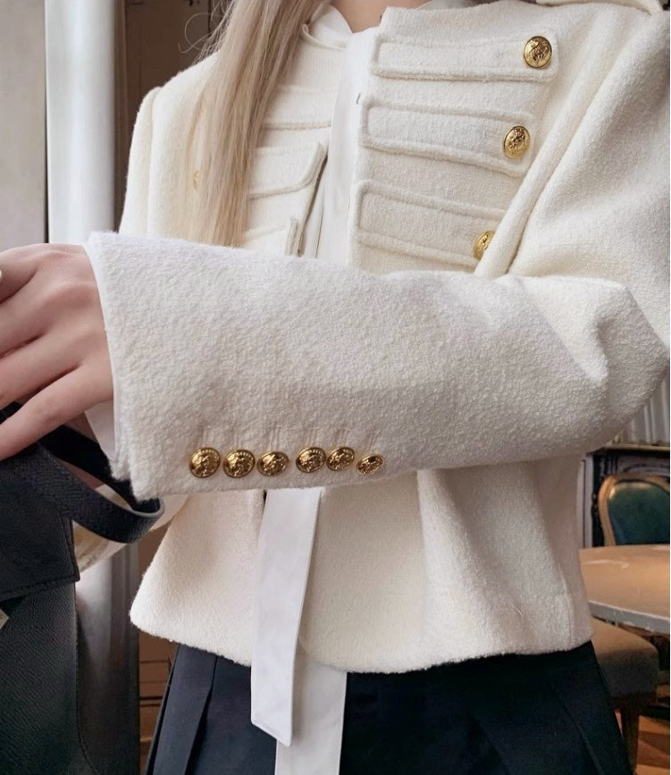 Knight Military Style Double-Breasted Gold Button Tweed Jacket