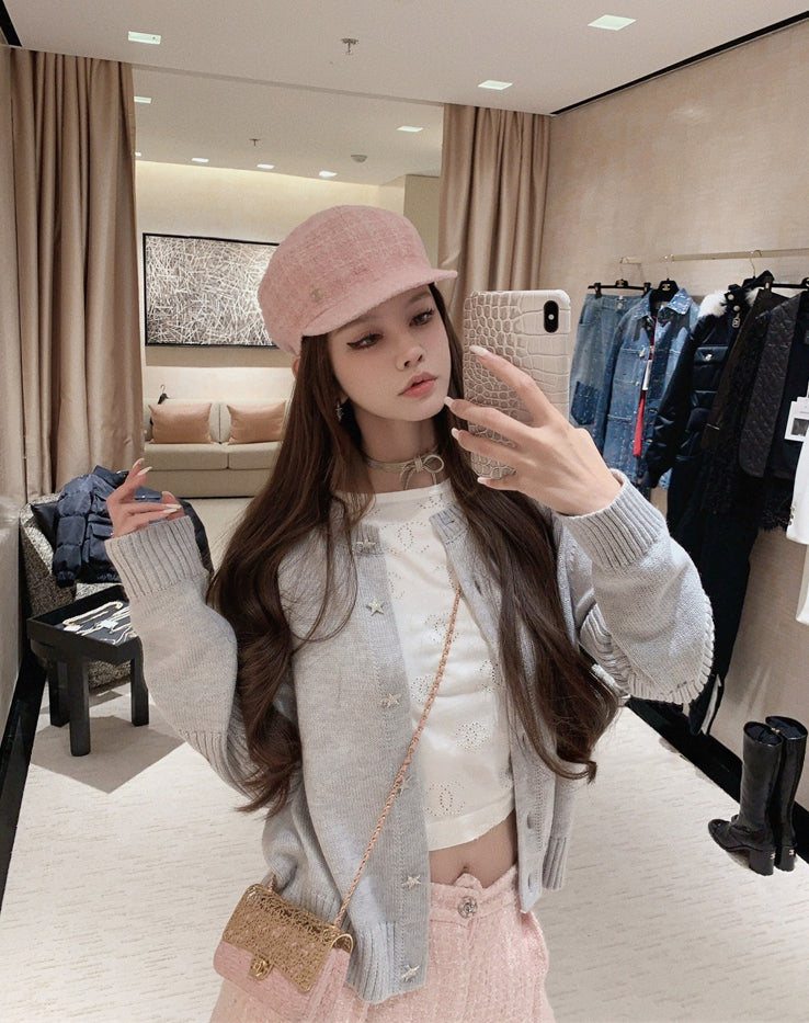 Custom Star-Shaped Rhinestone Button Knit Cardigan