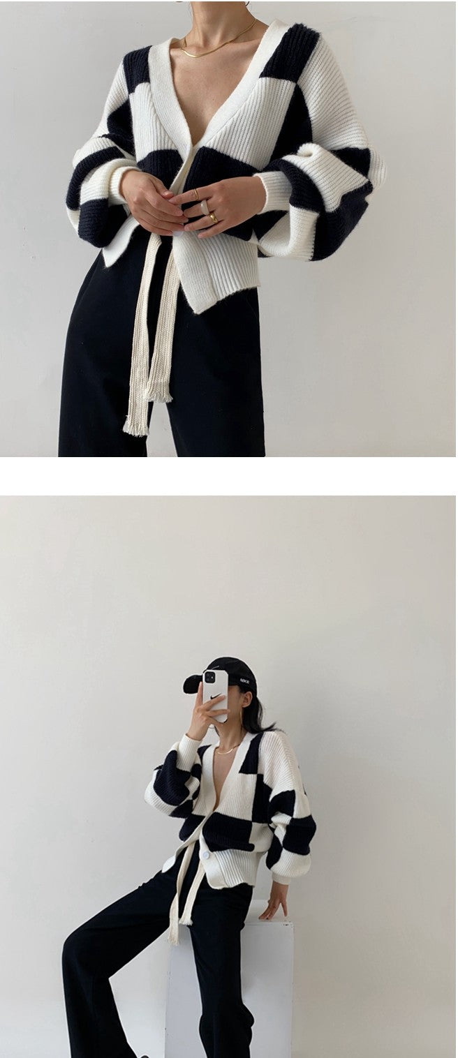 Checkerboard Lazy Wind Loose Cardigan Sweater