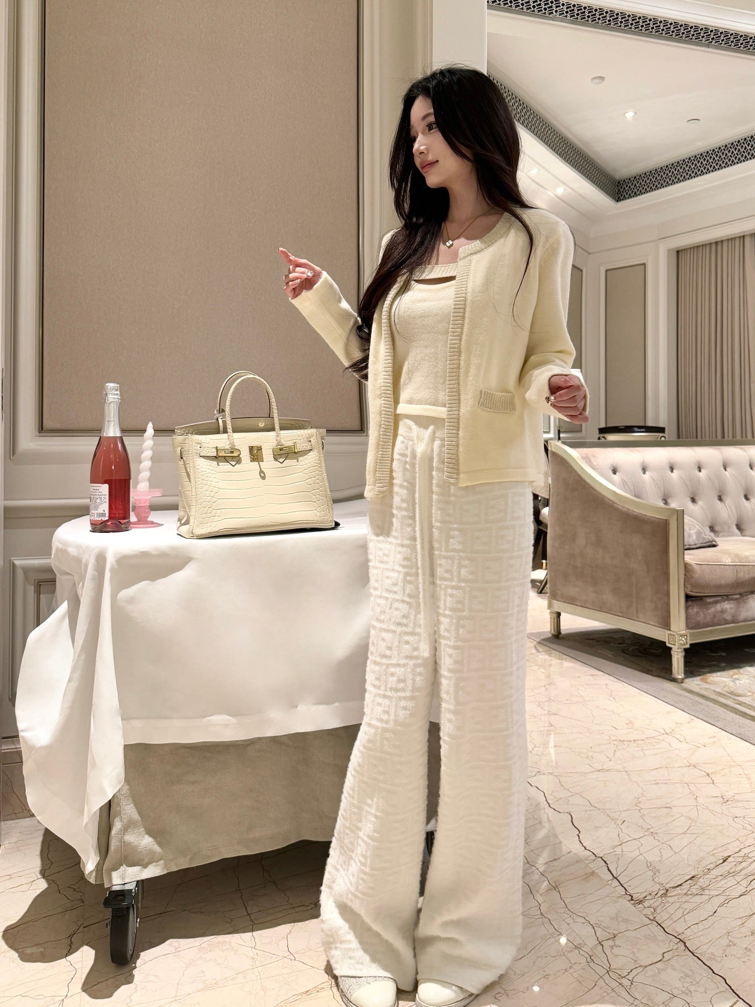 FF Textured Fleece-Lined Mink Wool Pants for Fall/Winter