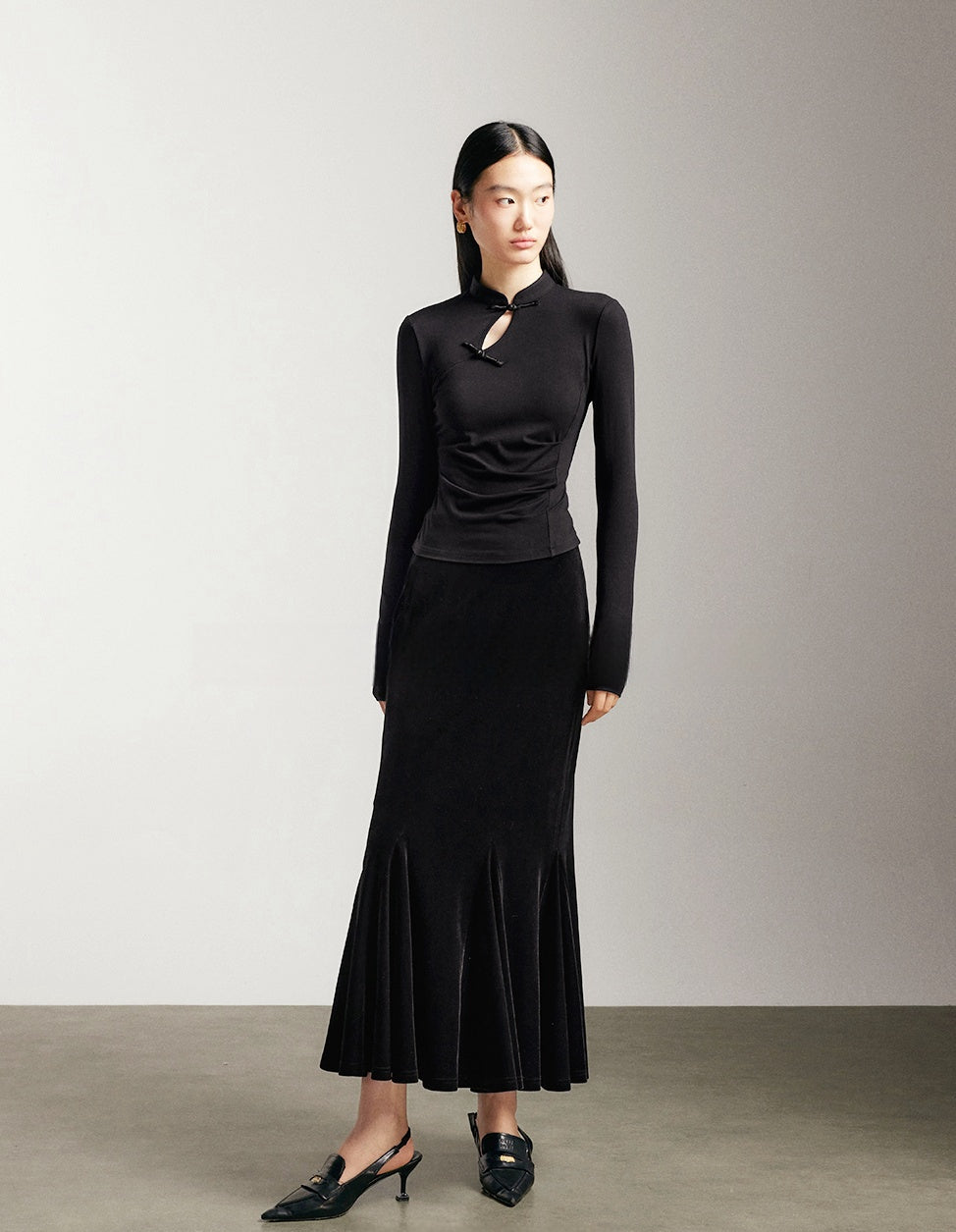 New Chinese Style Slim Fit Knit Top with Small Mandarin Collar