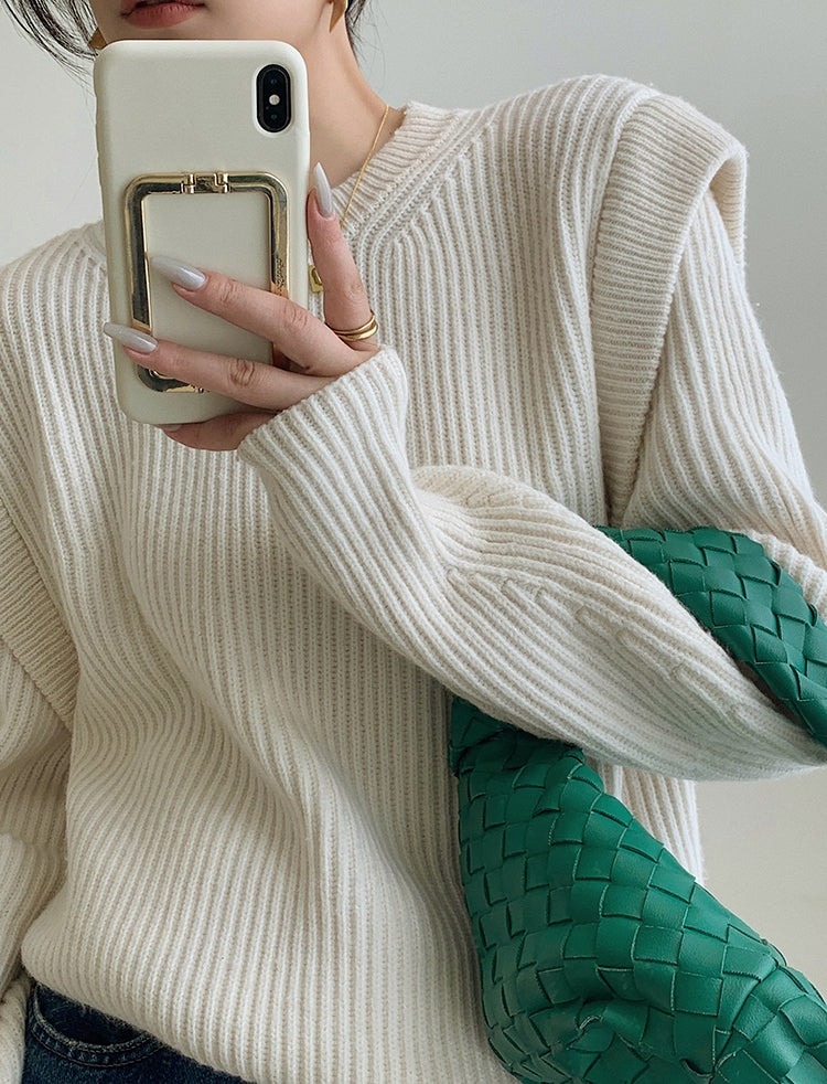 White Textured Knit Sweater with Layered Look